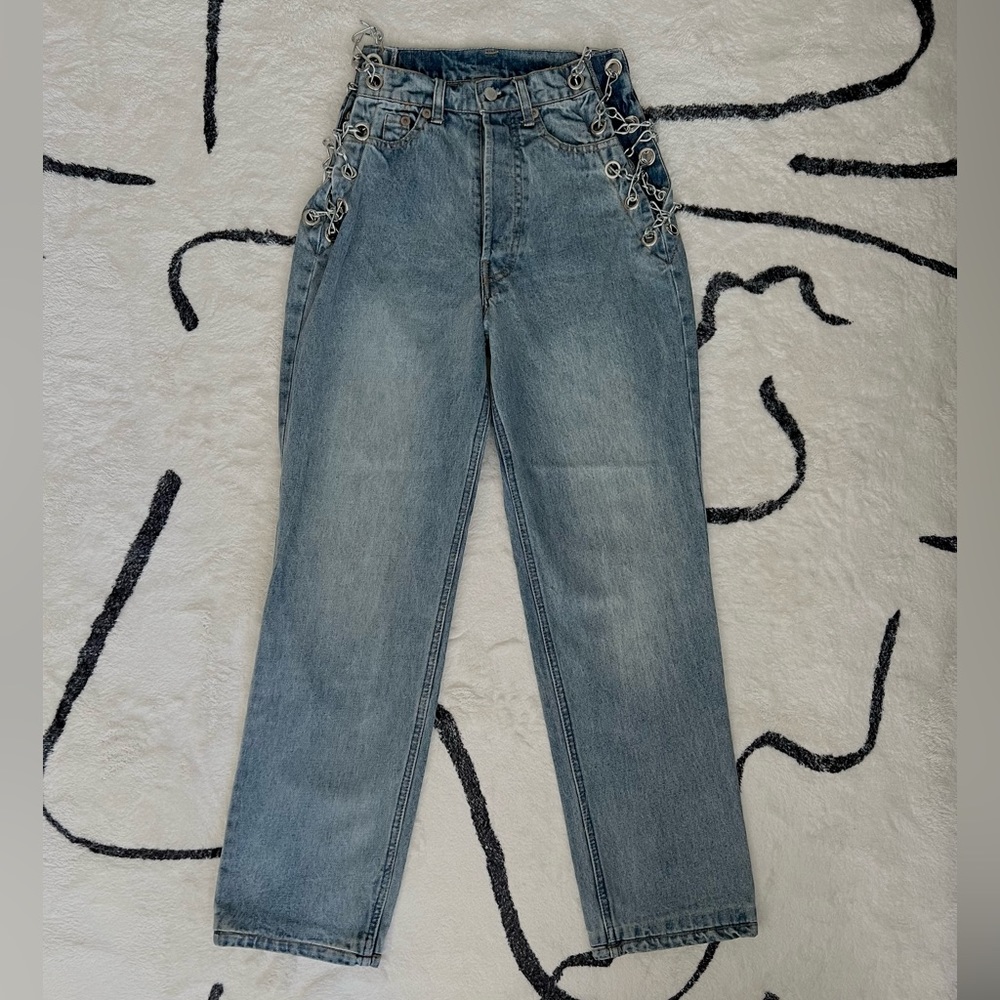 Sexy Metallic Chain Denim Lace Up Jeans